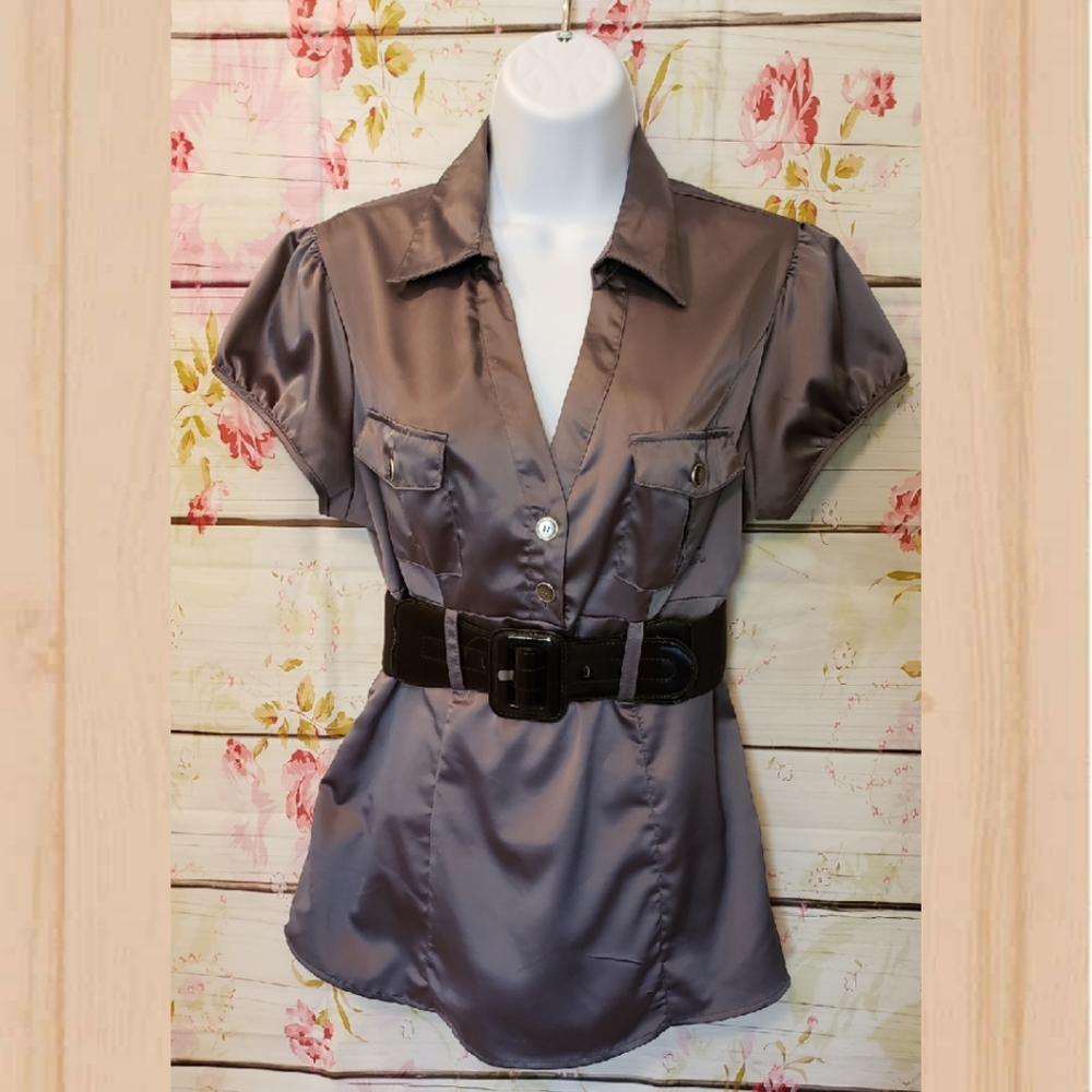 Grey Ladies Silky Fitted Belted Blouse